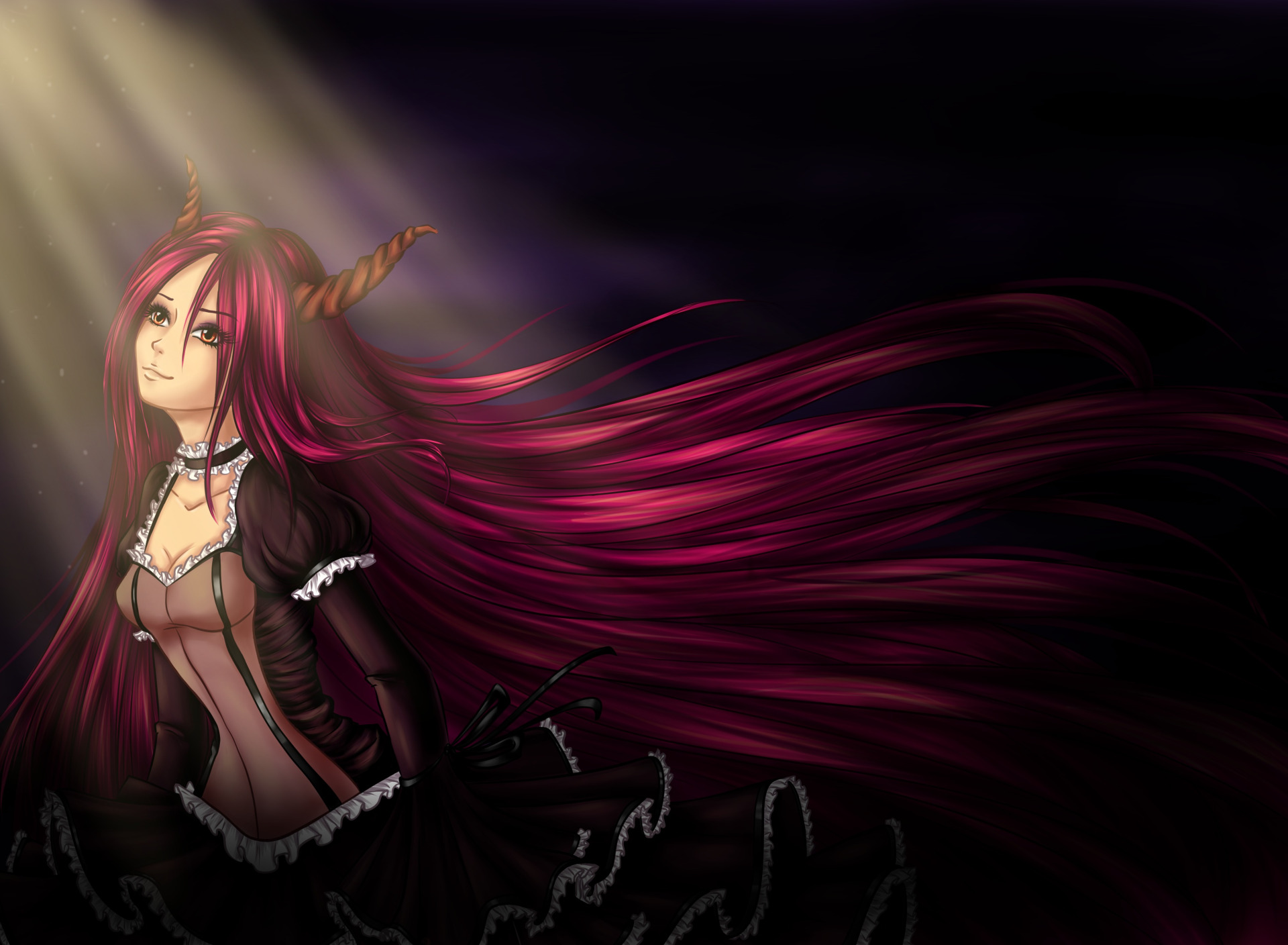 Download wallpaper look, girl, face, anime, dress, the demon, horns, black  background, red hair, section mood in resolution 1920x1408