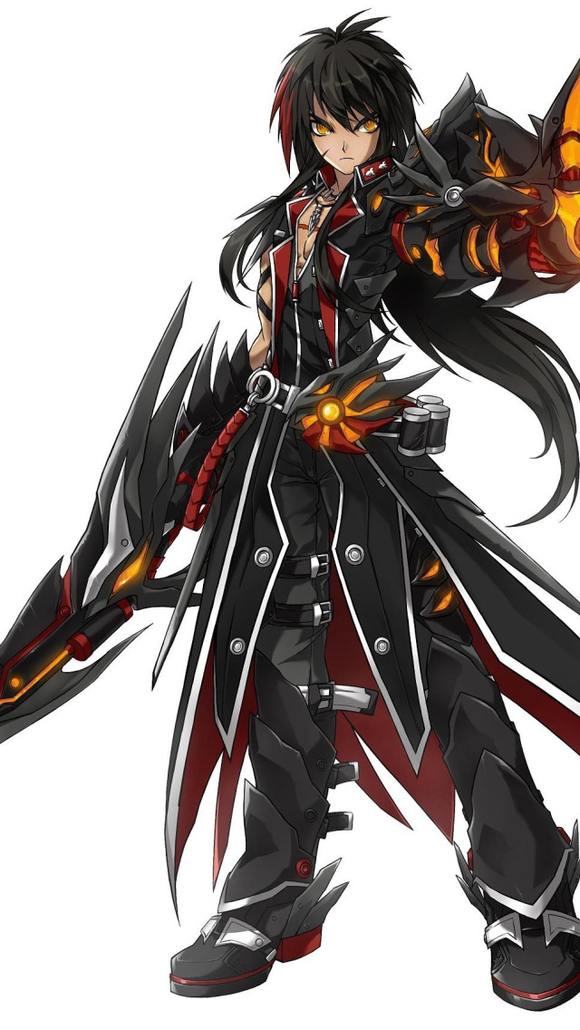 Download wallpaper sword, long hair, weapon, anime, power, boy, hybrid,  asian, armour, cyborg, japanese, black hair, yellow eyes, necklace,  oriental, asiatic, section shonen in resolution 640x1136
