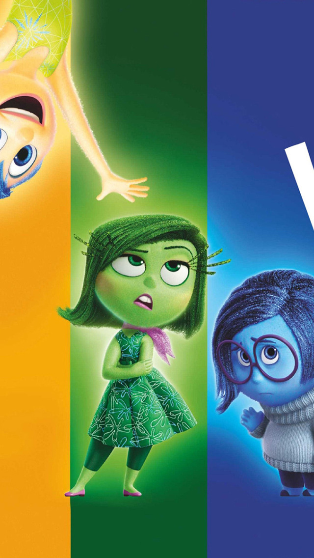Download wallpaper purple, color, blue, yellow, red, green, emotions,  cartoon, Disney, Fear, Pixar, Puzzle, poster, characters, Joy, Inside Out,  section films in resolution 640x1136