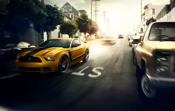 Picture Mustang, Ford, Muscle, Car, Speed, Front, Sun, Street, San Francisco, Yellow, 302, Boss