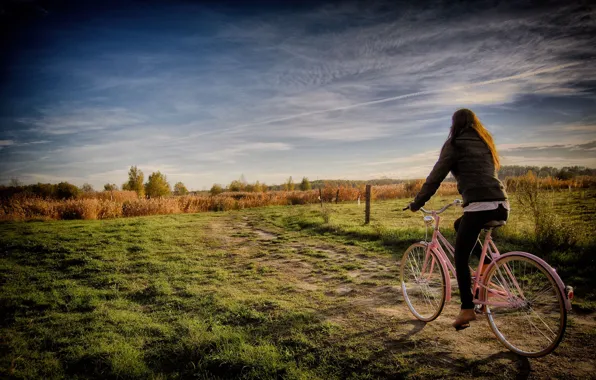 Picture field, girl, trees, bike, fence