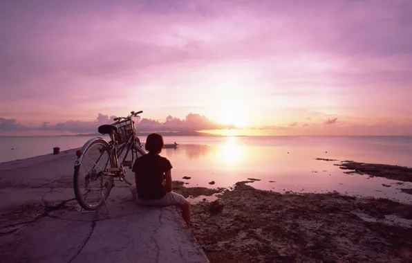 Picture sea, the sky, girl, sunset, bike