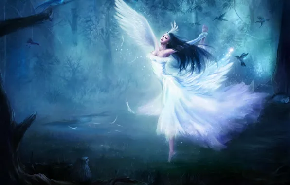 Picture forest, girl, birds, wings, dance, angel