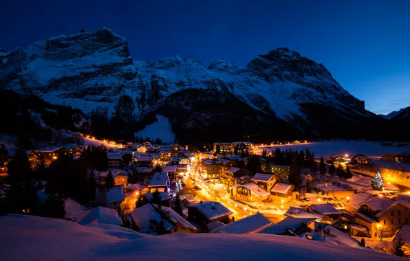 Picture winter, light, snow, mountains, night, lights, France, building, home, village, Alps, France, Vanoise, Vanoise