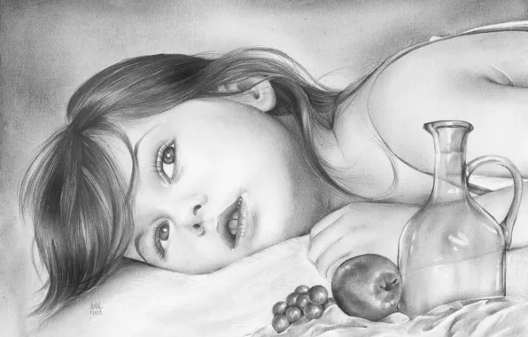Picture look, face, Apple, child, grapes, girl, lies, pencil, painting
