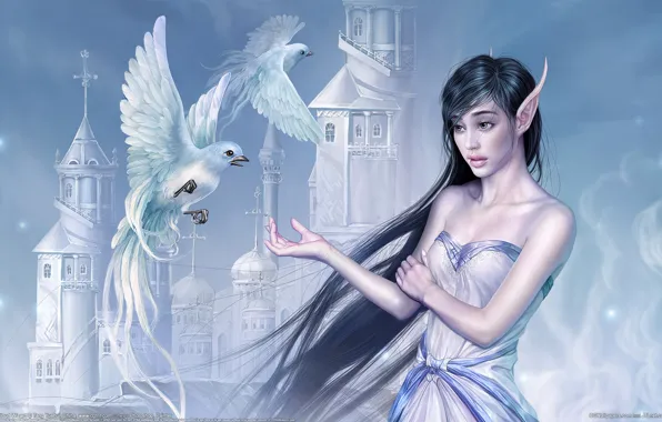 Picture girl, birds, castle, Wallpaper, China, elf, fantasy, China, girl, fantasy, Tang Yuehui, birds, castle, CG …