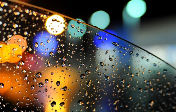 Picture machine, glass, water, drops, lights, rain, bokeh