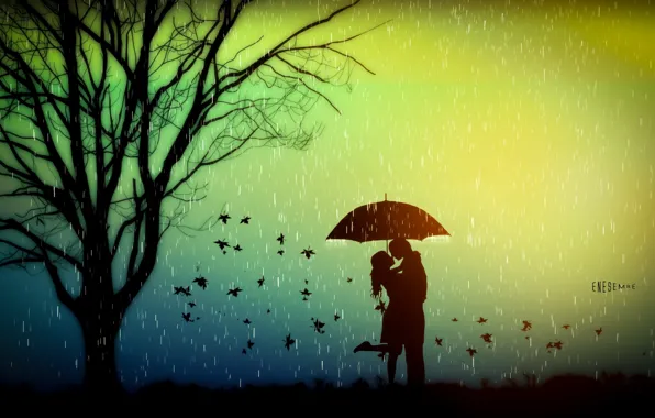 Picture autumn, leaves, love, rain, tree, mood, romance, umbrella, lovers