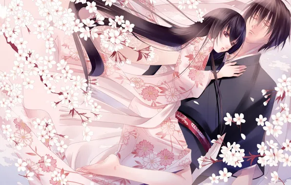 Picture love, flowers, mood, tenderness, Japan, spring, anime, Sakura, kimono, two, fuuchouin Kazuki