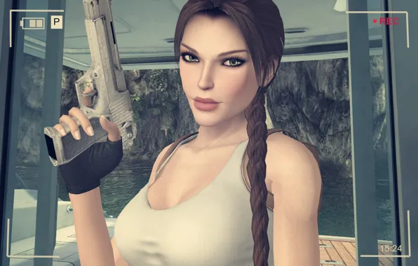 Picture look, face, eyelashes, gun, weapons, camera, Tomb Raider, Lara Croft