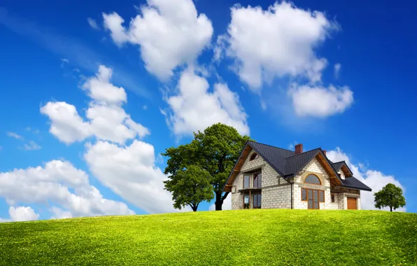 Picture greens, field, the sky, grass, clouds, trees, house, blue, mansion