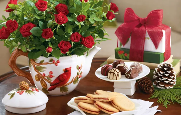 Picture flowers, table, chocolate, roses, bouquet, New Year, cookies, Christmas, candy, holidays, Christmas, box, flowers, holidays, …