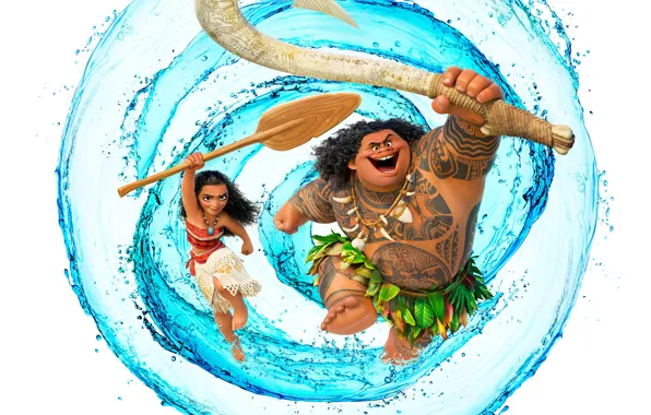 Picture water, weapons, cartoon, tattoo, girl, white background, poster, Walt Disney, paddle, Maui, aboriginal, Maui, Moana, …