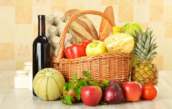 Picture wine, red, basket, apples, bottle, eggs, cheese, bow, bread, pepper, fruit, pineapple, vegetables, cabbage