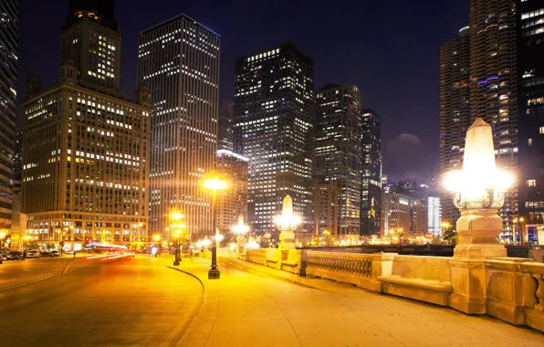 Picture road, night, lights, street, home, skyscrapers, Chicago, lights, USA, the sidewalk