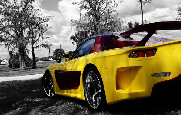 Picture Mazda, Yellow, Tuning, Back, Trees, Rx-7, Veilside
