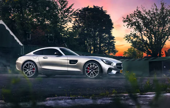 Picture Mercedes-Benz, AMG, Color, Sunset, Beauty, Smoke, Supercar, Silver, 2015, Ligth, GT S
