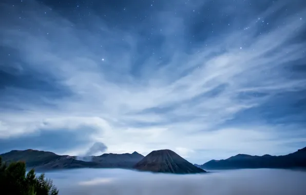 Picture sea, the sky, stars, clouds, night, island, the volcano, Indonesia, Java
