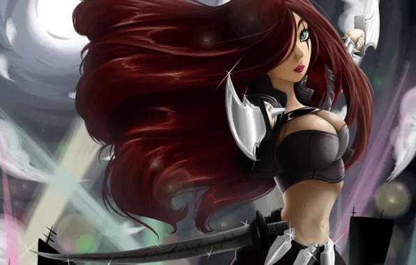 Picture chest, girl, hair, art, stand, daggers, League of Legends, Katarina