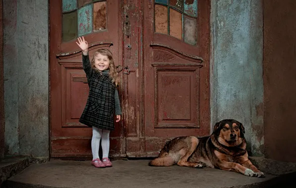 Picture joy, laughter, dog, the door, girl, child