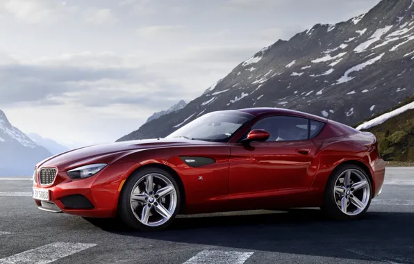 Picture the sky, mountains, red, coupe, BMW, BMW, Coupe, the front, Zagato, Zagato