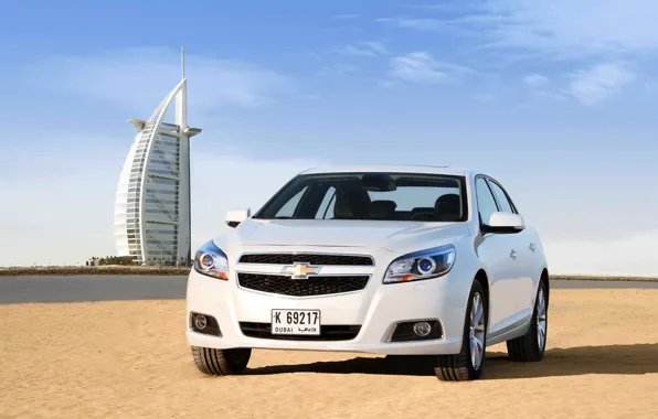 Picture Sand, Beach, Auto, White, Chevrolet, Day, Dubai, The front, Malibu