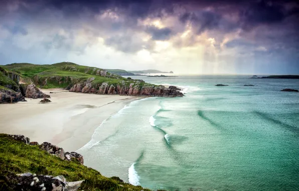 Picture sand, sea, beach, clouds, landscape, nature, shore, coast, Scotland, rock, Scotland, Great Britain, Alba