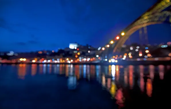 Picture the sky, flowers, night, blue, lights, reflection, mirror, Portugal, bokeh, Porto, Ponte Luis I, Douro …