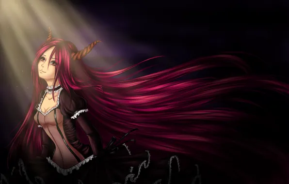 Picture look, girl, face, anime, dress, the demon, horns, black background, red hair