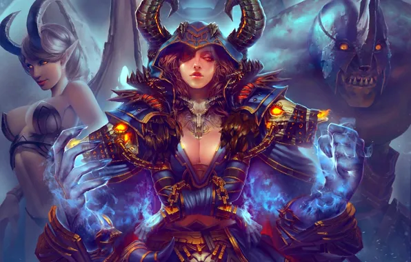 Picture girl, magic, wings, monster, the demon, art, horns, chain, handcuffs, world of warcraft, armor, haoyuan
