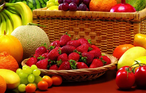 Picture berries, watermelon, strawberry, grapes, bananas, fruit, still life, vegetables, tomatoes, garnet, melon, tangerines, the kumquats