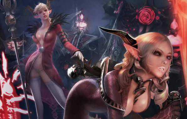 Picture flowers, girls, magic, latex, horns, skull, staff, demons, pointy ears, Tera online, Castanic