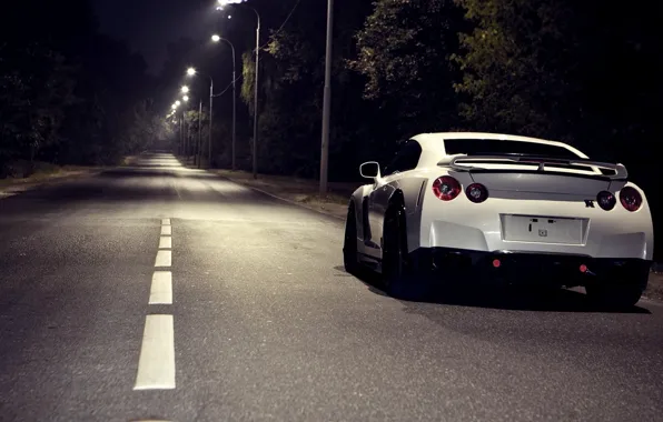 Picture car, night, lights, Nissan, road, Nissan, night, gtr, r35, white car, empty road