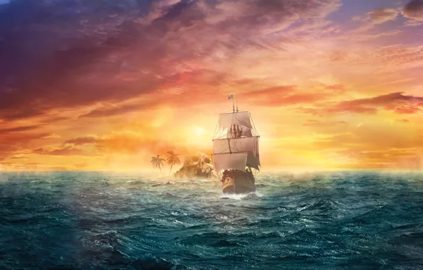 Picture sea, the sky, sunset, fiction, the ocean, ship, island, sailboat, fantasy, art, glow, haze, the …