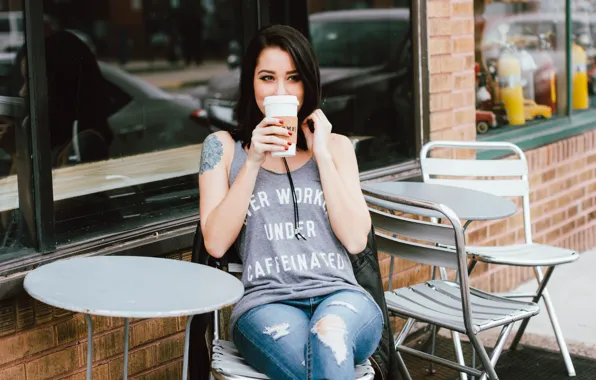 Picture coffee, brunette, cafe, sitting