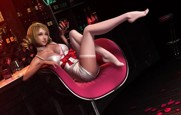 Picture girl, wine, glass, chair, bar, stockings, petals, art, tape, bow, red, Catherine, Catherine