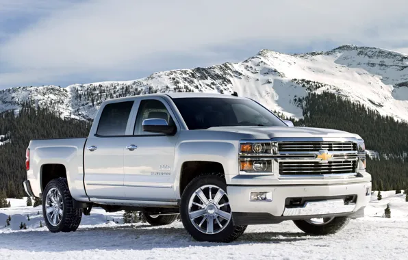 Picture machine, snow, mountains, Chevrolet, jeep, pickup, Crew Cab, Silverado, High Country