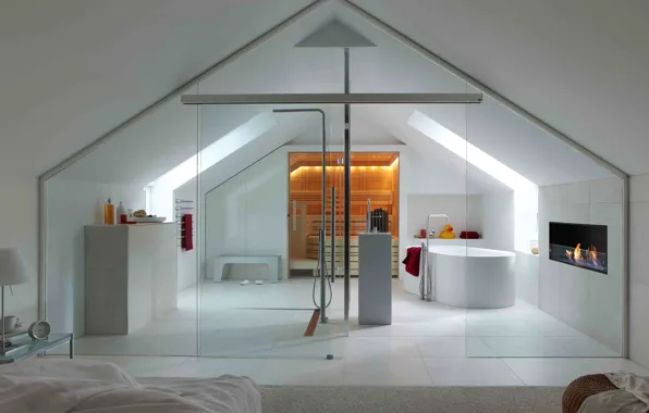Picture glass, design, house, style, room, Villa, interior, sauna, bathroom, luxury white glass bathroom with modern …