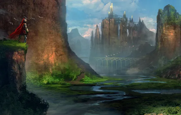 Picture landscape, bridge, the city, river, castle, rocks, valley, warrior, art, cloak