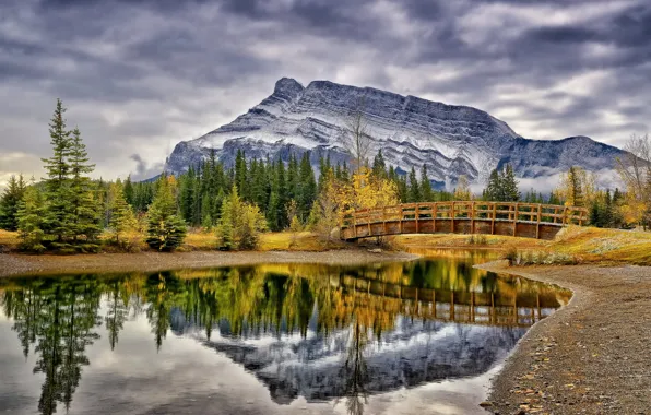 Picture autumn, trees, mountains, bridge, pond, reflection, Canada, Albert, Banff National Park, Alberta, Canada, Banff, Cascade …