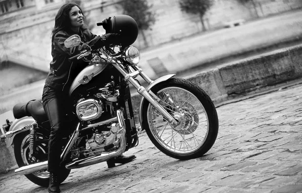 Picture girl, motorcycle, helmet, bike, Harley Davidson