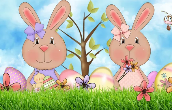 Picture tree, egg, art, Easter, bee, Bunny, bow, chicken, flower, Easter Bunny