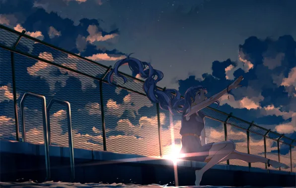 Picture the sky, girl, the sun, clouds, sunset, the fence, anime, pool, art, vocaloid, hatsune miku, …