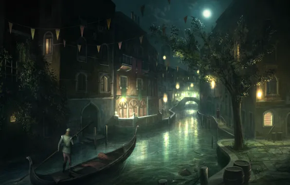 Picture night, the city, the moon, boat, Venice, Assassin's Creed 2