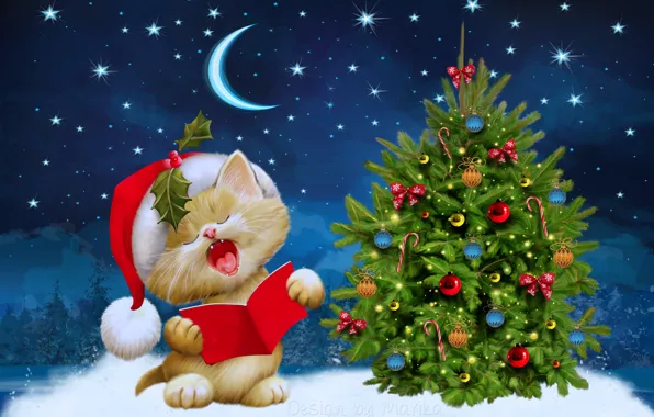 Picture winter, stars, snow, night, kitty, the moon, tree, New Year, Christmas, Christmas, kitten, night, winter, …