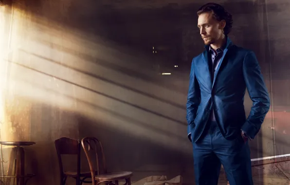 Picture blue, chairs, costume, actor, male, Tom Hiddleston, Tom Hiddleston
