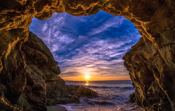 Picture sea, the sky, the sun, clouds, rays, sunset, stones, rocks, shore, horizon, arch, USA, Malibu, …