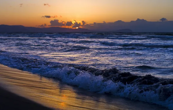 Picture sand, sea, wave, beach, the sky, water, the sun, clouds, landscape, sunset, nature, shore, coast, …