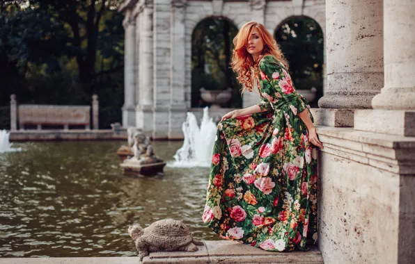 Picture girl, flowers, pose, pond, style, model, dress, fountain, red, redhead, sculpture