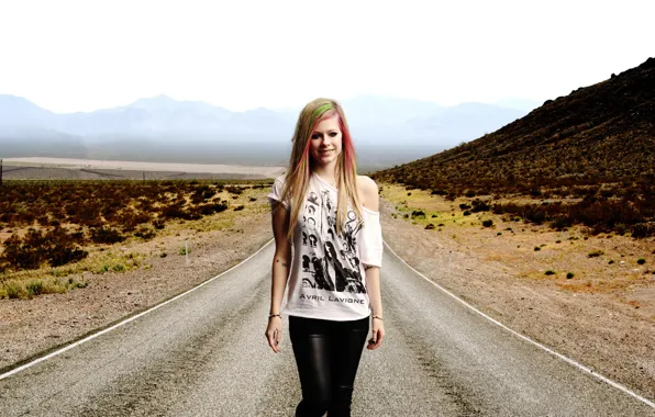 Picture road, girl, mountains, music, singer, Avril Lavigne, singer, the long road